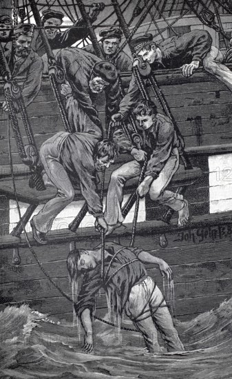 Alive or dead, the sailors pull a castaway out of the water, authentic, digitally restored reproduction from a 19th-century original, exact date of depiction unknown, historical