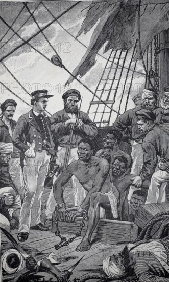 The freed victims, soldiers have controlled a slave trader ship and free the captured slaves, authentic, digitally restored reproduction from a 19th century model, exact date of depiction unknown, historical