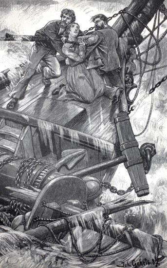 In distress at sea, ship is sinking, the sailors cling to the sailing mast, authentic, digitally restored reproduction from a 19th century model, exact date of depiction unknown, historical