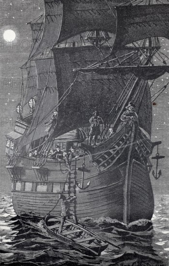 The Flying Dutchman, well-known legend about a captain who is doomed to cruise the world's oceans with his ghost ship until Doomsday without ever being able to visit a port or die, 1880, authentic, digitally restored reproduction from a 19th century original, exact date of depiction unknown, historical