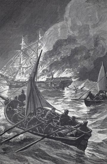 A burning merchant ship at sea, the crew took the lifeboats to safety, 1880, authentic, digitally restored reproduction from a 19th century model, exact date of depiction unknown, historical