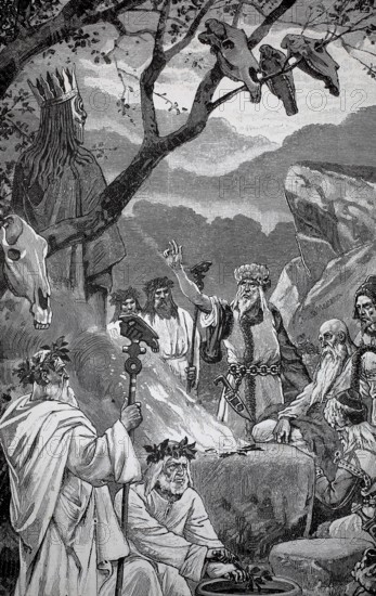 The Oath in Götterhain, a central ritual for those who believe in the Old Gods, 1887, authentic, digitally restored reproduction from a 19th century model, exact date of presentation unknown, historical