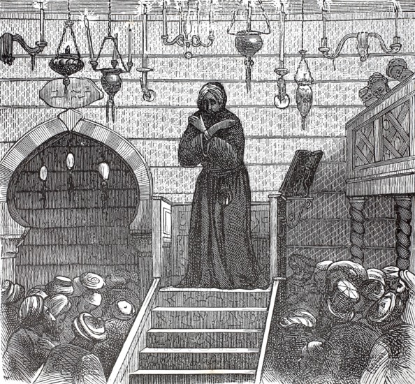 A praying imam in the mosque, authentic, digitally restored reproduction from a 19th-century model, exact date of depiction unknown, historical
