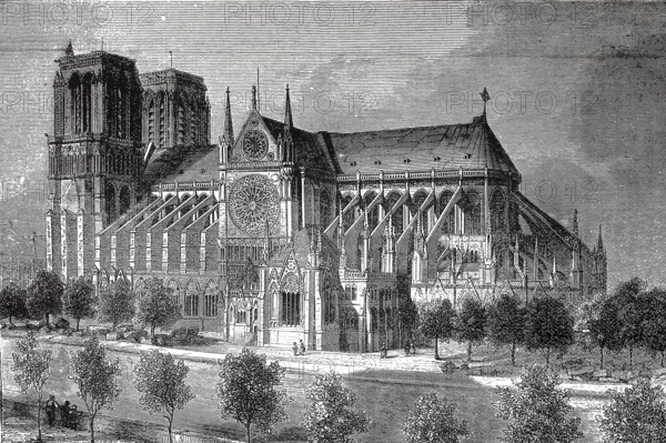 The Notre Dame Cathedral in Paris around 1880, France, authentic, digitally restored reproduction from a 19th century model, exact date of depiction unknown, historical