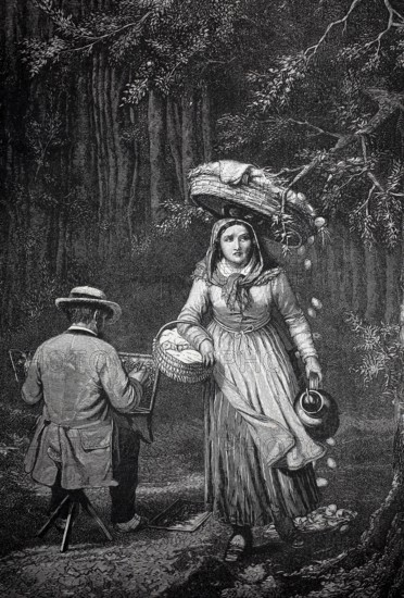 Woman carrying a basket on her head, is distracted by a painter and dazzling with it hanging from a branch and the fruit falls on the ground, authentic, digitally restored reproduction from a 19th century model, exact date of depiction unknown, historical