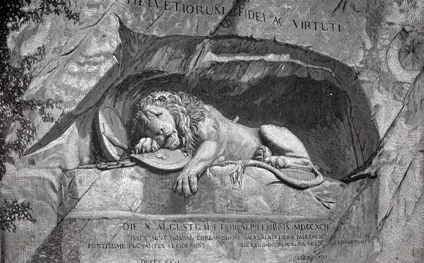 The Dying Lion of Thorwaldsen is the famous Lucerne Lion Monument, a sculpture carved into a rock that commemorates the Swiss guardsmen who died in Paris in the Tuileries Storm of 1792, Bertel Thorvaldsen designed the memorial depicting the death of soldiers for their oath of loyalty, authentic, digitally restored reproduction of a 19th-century original, exact date of depiction unknown, historical
