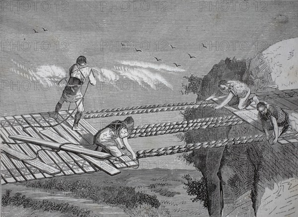 A rope bridge, dew bridge, suspension bridge whose walkway follows the sagging suspension cables, in Japan, authentic, digitally restored reproduction from a 19th century model, exact date of depiction unknown, historical