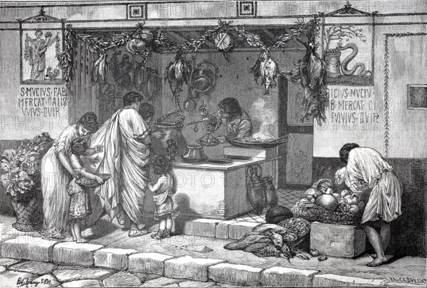 A shop in ancient Rome, Italy, authentic, digitally restored reproduction from a 19th century model, exact date of presentation unknown, historical