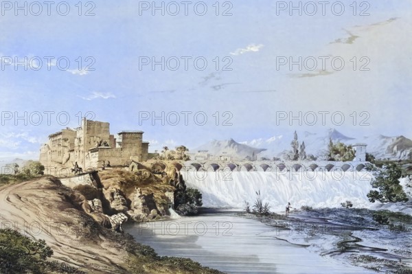 Waterfall of Bend-Amir or the Fall of Bend-Amir, historical dam or water outlet near Persepolis, Iran, authentic, digitally restored reproduction from a 19th century model by Eugene Flandin (1809-1876), exact date of depiction unknown, historical, coloured