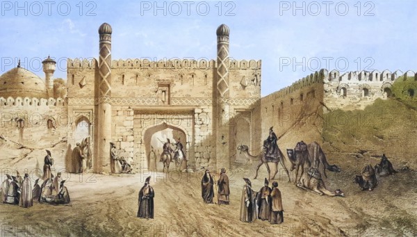 City gates in old Tehran, Iran, authentic, digitally restored reproduction from a 19th century model by Eugene Flandin (1809-1876), exact date of depiction unknown, historical, coloured