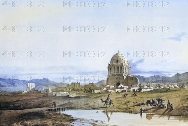 Soltaniyeh or Soltanie, a city in Iran that was a temporary capital under the Ilkhans in the 14th century and is now a tranquil village with mud houses and the famous Soltaniye dome, a UNESCO World Heritage Site, authentic, digitally restored reproduction from a 19th century model by Eugene Flandin (1809-1876), exact date of depiction unknown, historical, coloured