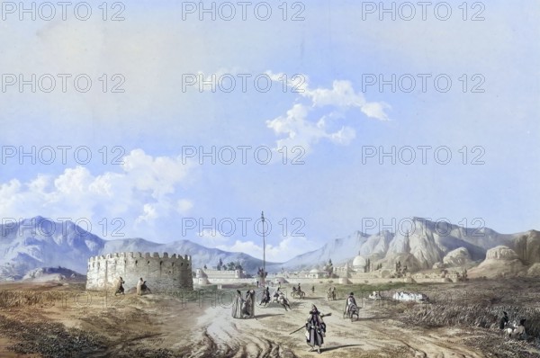 The Mamasani Tower near Shiraz in Iran, authentic, digitally restored reproduction from a 19th century model by Eugene Flandin (1809-1876), exact date of depiction unknown, historical, coloured