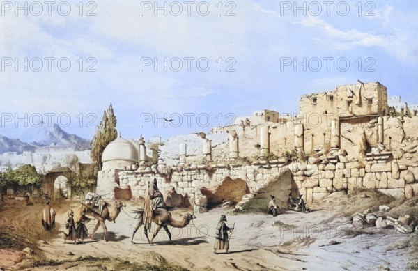 Ruins of a Greek temple, in Kincavar Kingavar, also spelled Kangavar, Iran, authentic, digitally restored reproduction from a 19th century model by Eugene Flandin (1809-1876), exact date of depiction unknown, historical, coloured