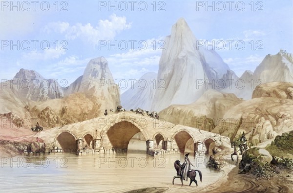 Pont du Kizil-Hauzen, also Kizil-Hauzen Bridge or Kiz Bridge, historical bridge over the river Qizil Uzun, Kizil Ozan, near Miyaneh in Iran, authentic, digitally restored reproduction from a 19th century model by Eugene Flandin (1809-1876), exact date of depiction unknown, historical, coloured