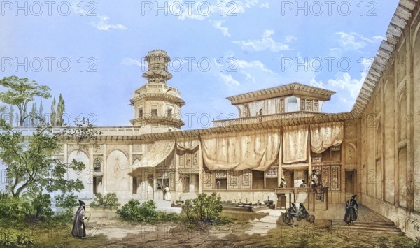 Palais du Tchar-Bach, also Tchar-Bach, Char Bagh, historical palace complex in Isfahan, Iran, authentic, digitally restored reproduction from a 19th century model by Eugene Flandin (1809-1876), exact date of depiction unknown, historical, coloured