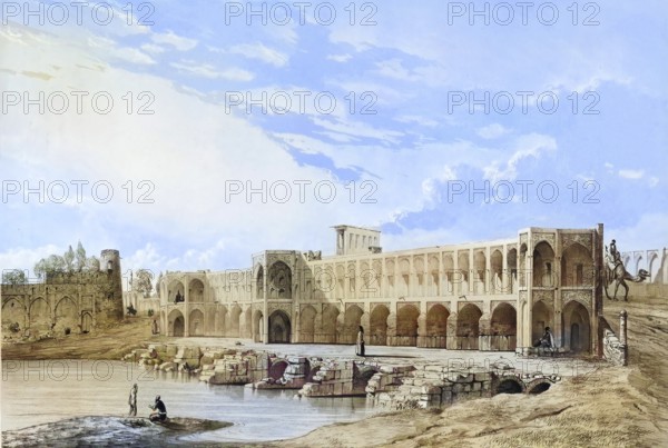 Pont Kadiou Bridge in Shiraz, Iran, authentic, digitally restored reproduction from a 19th century model by Eugene Flandin (1809-1876), exact date of depiction unknown, historical, coloured
