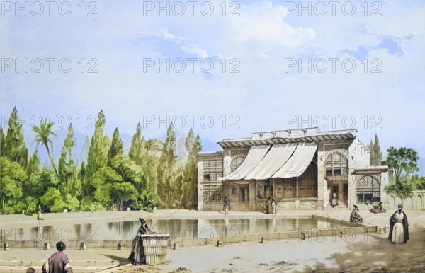The Palace of Bagh-No, Nou Bagh in Shiras, Shiraz, Iran, authentic, digitally restored reproduction from a 19th century model by Eugene Flandin (1809-1876), exact date of depiction unknown, historical, coloured