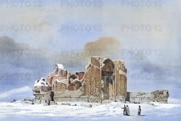 Ruin of a mosque near Tabriz, Iran, authentic, digitally restored reproduction from a 19th century model by Eugene Flandin (1809-1876), exact date of depiction unknown, historical, coloured