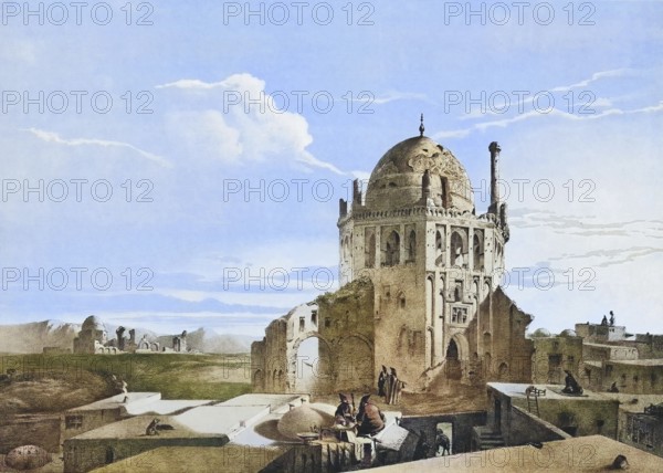 Chah-Khodah-Bendeh, Sultan Muhammad Chodabande, oil mausoleum, dome of Soltaniyeh, is one of the most important monuments of Persian architecture and has been a UNESCO World Heritage Site since 2005, in Sultaniye, Iran, authentic, digitally restored reproduction from a 19th century model by Eugene Flandin (1809-1876), exact date of depiction unknown, historical, coloured