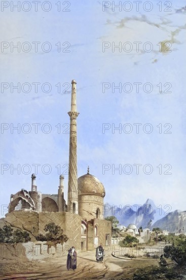 Baba Soukhteh Mosque, Mosquee Baba-Souctah, historical building in Isfahan, Iran, authentic, digitally restored reproduction from a 19th century model by Eugene Flandin (1809-1876), exact date of depiction unknown, historical, coloured