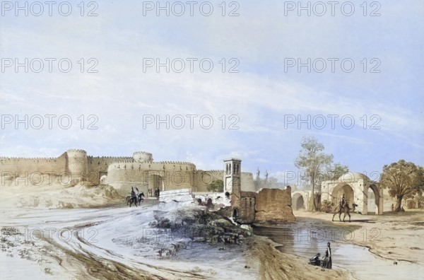 The Porte de Chimran, Porte de Shimran or Shemran-To, historical city gate in northern Tehran, which marked the entrance to the prosperous northern district of Shimran, Shemiran, and was part of the old city wall, Iran, authentic, digitally restored reproduction from a 19th century model by Eugene Flandin (1809-1876), exact date of depiction unknown, historical, coloured
