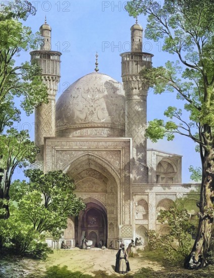 Mosque Sultan Hussein in Isfahan, formerly known as Shah Mosque or Royal Mosque or the Madrasa-yi Shah Sultan Hussein, Iran, authentic, digitally restored reproduction from a 19th century model by Eugene Flandin (1809-1876), exact date of depiction unknown, historical, coloured