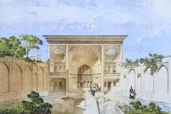 Maison de Hussein-Khan, House of Hussein Khan in Tabriz, Tabriz, historical Persian building, Iran, authentic, digitally restored reproduction from a 19th century model by Eugene Flandin (1809-1876), exact date of depiction unknown, historical, coloured