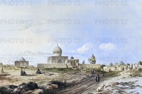 Imamzadeh Hossein, also known as Iman-zadeh Hussein, is an important religious site and mausoleum in the Iranian city of Qazvin, Casbin. The mausoleum houses the tomb of Shahzadeh Hossein, a son of the eighth Shia Imam, Imam Reza. He died in 816 AD in Qazvin, Iran, authentic, digitally restored reproduction from a 19th century model by Eugene Flandin (1809-1876), exact date of depiction unknown, historical, coloured