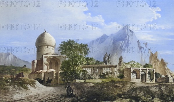Imamzadeh A Koumichah, also Imamzadeh-ye Koumichah, a historical shrine, shrine or tomb of a descendant of a Shiite Imam, in the region of Iraq-Adjami, in present-day Iran, authentic, digitally restored reproduction from a 19th century model by Eugene Flandin (1809-1876), exact date of depiction unknown, historical, coloured