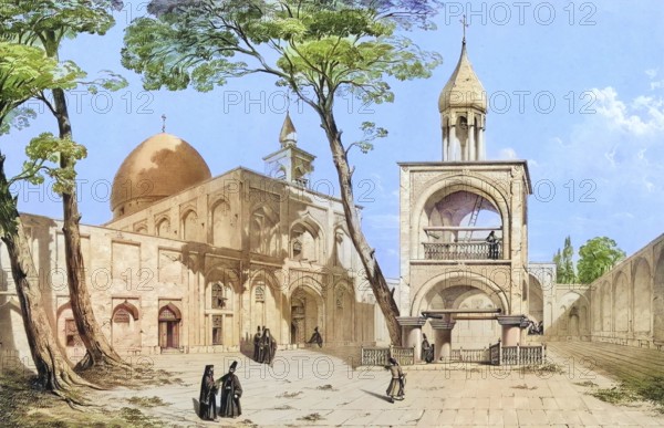 Vank Cathedral, the most important place of worship in the Armenian quarter of New Julfa, New Julfa, in Isfahan, Iran, authentic, digitally restored reproduction from a 19th century model by Eugene Flandin (1809-1876), exact date of depiction unknown, historical, coloured