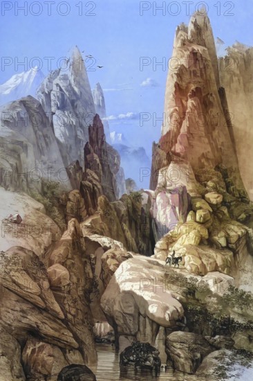 Gorge of the Old Woman or Pir Zan Pass, mountain pass and a gorge in the Iranian province of Fars, Iran, authentic, digitally restored reproduction from a 19th century model by Eugene Flandin (1809-1876), exact date of depiction unknown, historical, coloured