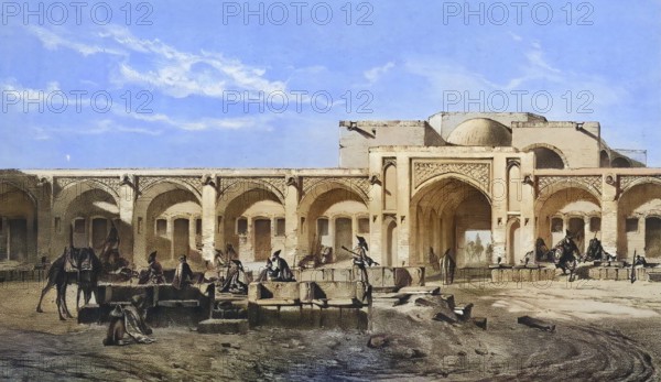 The inner courtyard of the caravanserai of Mahyar, also known as Mayar, is considered an outstanding example of Safavid architecture in Iran. The complex is located south of Isfahan on the road to Shiraz, authentic, digitally restored reproduction from a 19th century model by Eugene Flandin (1809-1876), exact date of depiction unknown, historical, coloured