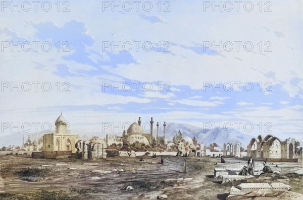 The historical cemetery in Isfahan, Persia, Iran, Takht-e-Foulad, authentic, digitally restored reproduction from a 19th century model by Eugene Flandin (1809-1876), exact date of depiction unknown, historical, coloured