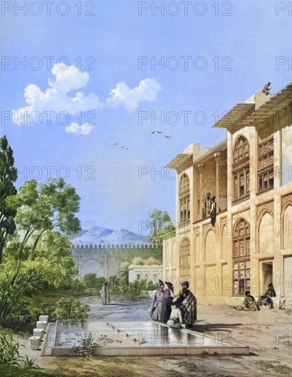 Arg of Karim Kha, also known as the Citadel of Shiraz, Iran, a historical citadel built in the 18th century by Karim Khan Zand and used as a residence and fortress, authentic, digitally restored reproduction from a 19th century model by Eugene Flandin (1809-1876), exact date of depiction unknown, historical, coloured