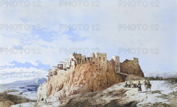 Yezd-i-Kast, ezdi-Khast, Yazd-e Khast a historically important site in the province of Fars in Iran, authentic, digitally restored reproduction from a 19th century model by Eugene Flandin (1809-1876), exact date of depiction unknown, historical, coloured