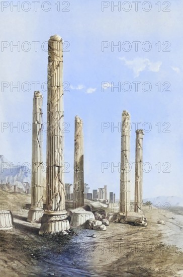 Ruins of Persepolis, Iran, authentic, digitally restored reproduction from a 19th century model by Eugene Flandin (1809-1876), exact date of depiction unknown, historical, coloured