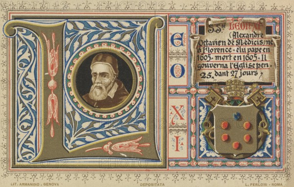 Leo XI (born 2 June 1535 in Florence, died 27 April 1605 in Rome), born as Alessandro Ottaviano de' Medici, was Pope from 1 April to 27 April 1605, Illustration, Reproduction from a 19th century original. Authentic, file restored for optimal use, exact date of original unknown, Historical