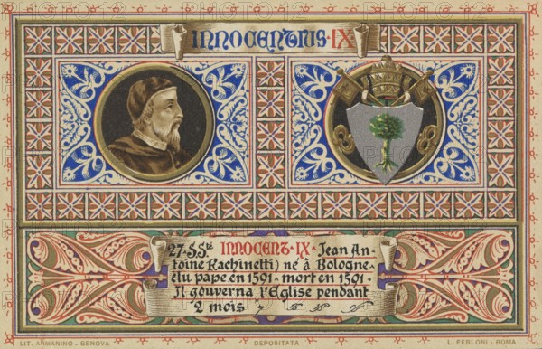 Innocent IX (born 20 July 1519 in Bologna, died 30 December 1591 in Rome), real name Giovanni Antonio Facchinetti, was pope from 29 October 1591 until his death, illustration, reproduction from a 19th century original. Authentic, file restored for optimal use, exact date of original unknown, Historical