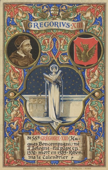 Gregory XIII, Latin Gregorius XIII, legal name Ugo Boncompagni, (born 7 January 1502 in Bologna, died 10 April 1585 in Rome) was pope from 1572 to 1585, illustration, reproduction from a 19th century model. Authentic, file restored for optimal use, exact date of original unknown, Historical