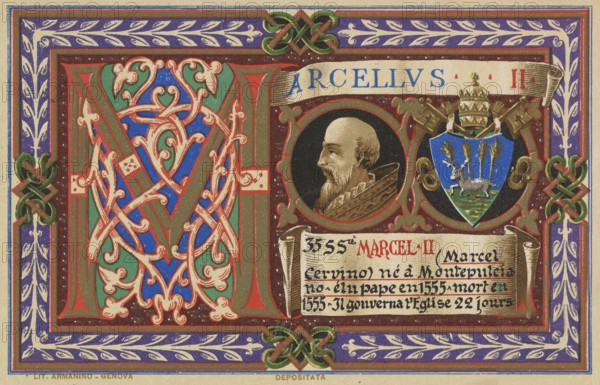 Marcellus II (born 6 May 1501 in Montefano (Marche), died 1 May 1555 in Rome), birth name Marcello Cervini degli Spannocchi, was pope from 9 April to 1 May 1555, illustration, reproduction from a 19th century model. Authentic, file restored for optimal use, exact date of original unknown, Historical