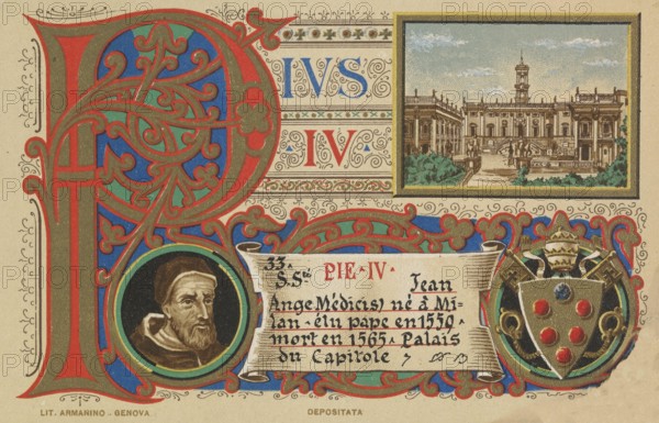 Pius IV (born 31 March 1499 in Milan, died 9 December 1565 in Rome), real name Giovanni Angelo de' Medici, was pope from 1559 to 1565, illustration, reproduction from a 19th century model. Authentic, file restored for optimal use, exact date of original unknown, Historical