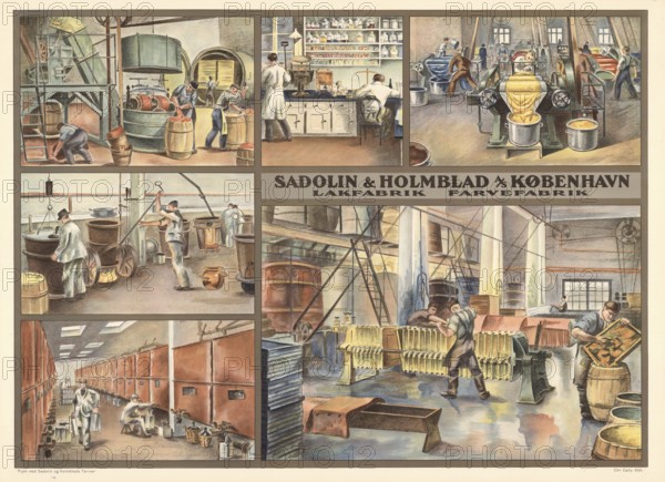 Manufacture of paints and varnishes, company Sadolin in Copenhagen, 1930, Denmark, illustration, reproduction from a model from the 19th century. Authentic, file restored for optimal use, exact date of submission unknown, historical