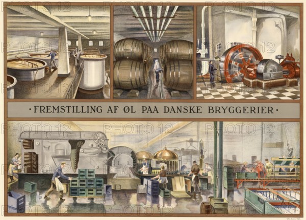 Traditional craft, beer production in a brewery in Denmark, 1930, illustration, reproduction from a model from the 19th century. Authentic, file restored for optimal use, exact date of submission unknown, historical
