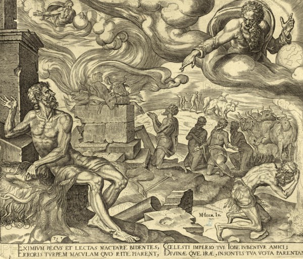 Biblical story of Job, God answers Job at the end of his difficult time of trial (Job chapters 38 to 41) . Instead of giving Job a direct explanation for his suffering, the Lord appears in a storm, after an etching by the Dutch artist Maarten van Heemskerck from 1569, illustration, reproduction from a 19th century original. Authentic, file restored for optimal use, exact date of the original unknown, Historical