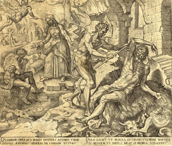 Biblical story of Job, In the Old Testament, the scene describes Job's second test. After Job has already lost his property and children, God allows Satan to attack Job's health in order to test his loyalty once again, based on an etching by Dutch artist Maarten van Heemskerck from 1569, illustration, reproduction from a 19th-century model. Authentic, file restored for optimal use, exact date of submission unknown, historical