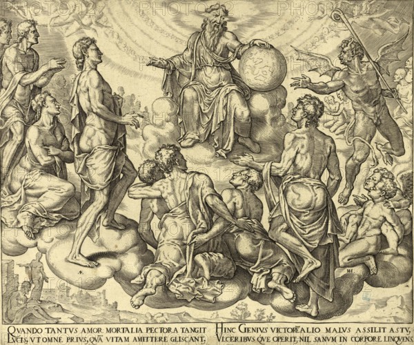 Biblical story of Job, In the Book of Job (chapters 1 and 2) Satan challenges God by claiming that Job's piety is merely the result of divine protection and blessing, after an etching by the Dutch artist Maarten van Heemskerck from 1569, illustration, reproduction from a 19th century original. Authentic, file restored for optimal use, exact date of the original unknown, Historical
