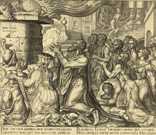 Biblical story of Job, In Job 1, 5, Job offers burnt offerings for his children out of concern that they might have sinned and denied God in their hearts, based on an etching by Dutch artist Maarten van Heemskerck from 1569, illustration, reproduction from a 19th-century model. Authentic, file restored for optimal use, exact date of submission unknown, historical