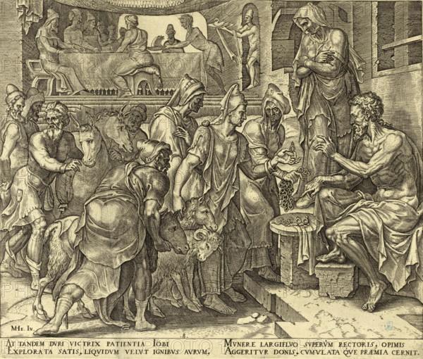 In the biblical story of Job, receiving gifts is a central part of the happy ending in chapter 42 of the book of Job, based on an etching by Dutch artist Maarten van Heemskerck from 1569, illustration, reproduction from a 19th-century model. Authentic, file restored for optimal use, exact date of submission unknown, historical