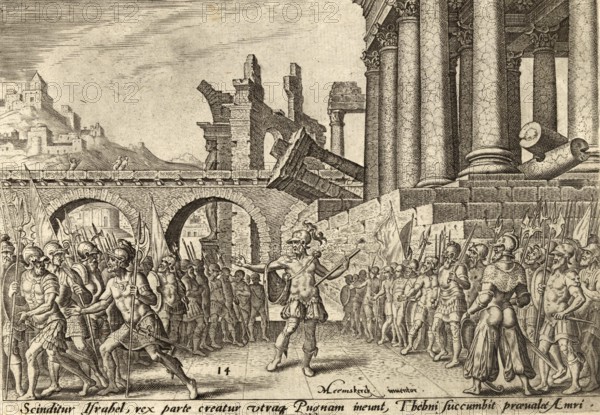 From The Disasters of The Jewish People: After the death of King Zimri, the people of Israel (ca. 885 BC) divided into two camps: one half followed Tibni, the other Omri, illustration, reproduction from a 19th century original. Authentic, file restored for optimal use, exact date of original unknown, Historical