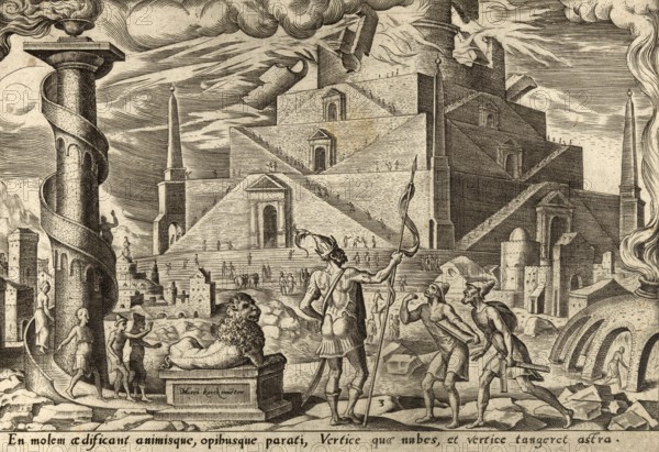 From The Disasters of The Jewish People: The Tower of Babel, illustration, reproduction from a model from the 19th century. Authentic, file restored for optimal use, exact date of submission unknown, historical